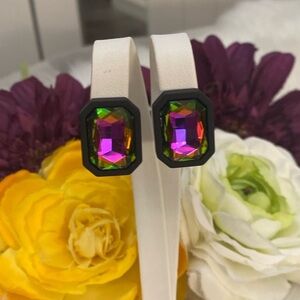 Multicolored Gemstone Stud Earrings With Black Gorgeous Setting NEW!